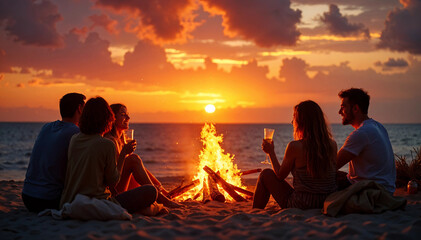 Group of young people enjoying a bonfire on the beach during a relaxed evening.






