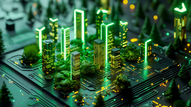 3D illustration  features a futuristic green city illuminated by neon lights.