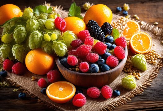 vibrant ingredients craft beer brewing displaying fresh colorful fruits unique flavors, ales, aromas, artisan, batch, barrels, berries, beverages, bubbles