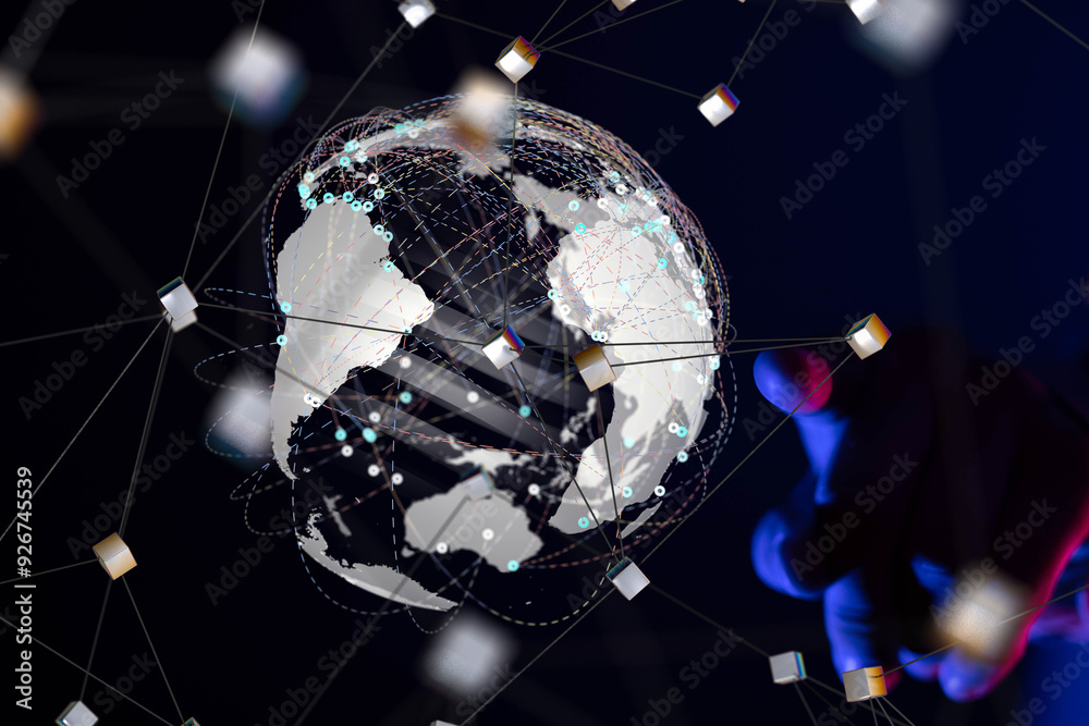 Poster world Global network. Blockchain. 3D illustration. Neural networks and artificial intelligence. Abstract