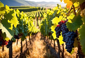 vibrant vineyard landscape showcasing sunlit grape clusters rolling hills under clear blue sky, abundant, agriculture, agricultural, beauty, bounty
