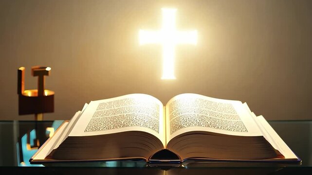 Glowing cross shining over open bible on glass table in church