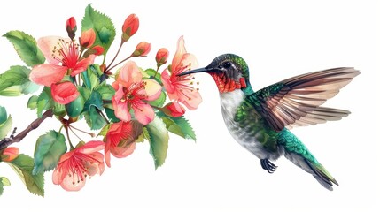 Obraz premium Hummingbird feeding on vibrant blossoms, photorealistic, isolated on white background