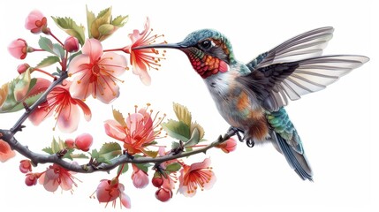 Hummingbird feeding on vibrant blossoms, photorealistic, isolated on white background