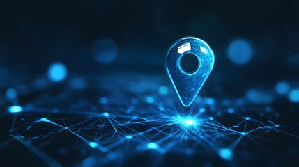 A glowing blue location pin hovers above a digital network.