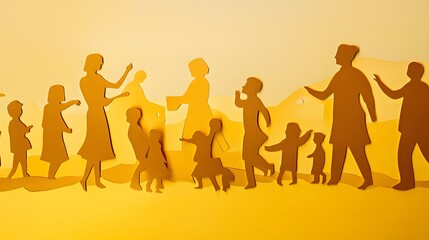 Fototapeta premium Paper cutouts of people in a group, standing and walking on a yellow background.