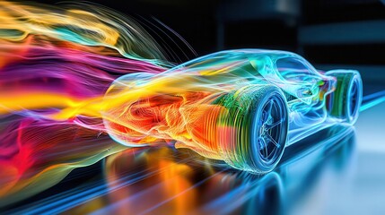 Computational fluid dynamics simulation visualizing air flow around a vehicle
