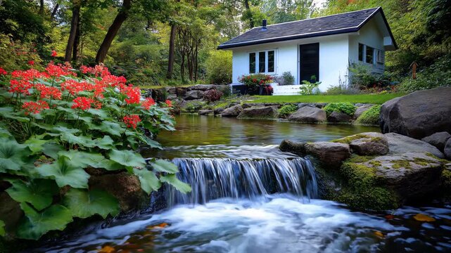 cozy minimal style airy home with glass window in green lush nature park with waterfall