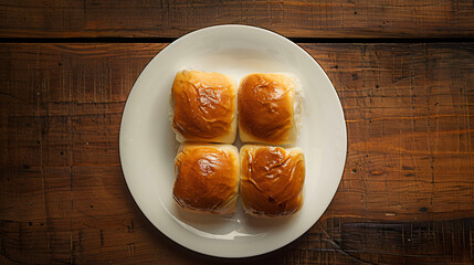 Four warm and inviting freshly baked bread rolls on a white plate, set on a wooden table