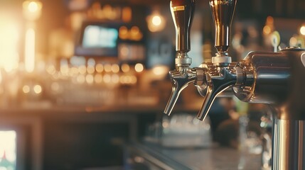 Two beer taps in a bar setting, ready to pour a cold beverage.