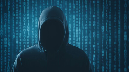 hooded figure standing in front of a wall of digital code, representing themes of cybersecurity, hacking, and anonymity, with the mysterious figure shrouded in shadows, emphasizing