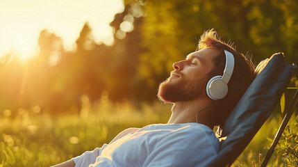 A young, handsome man relaxes in nature while listening to music, embodying the essence of a summer playlist, with a serene natural backdrop enhancing the feeling of leisure and en