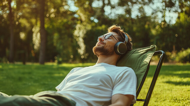 young, attractive man enjoying a moment of relaxation in nature with headphones on, capturing the concept of a summer playlist and the peaceful escape music provides, set against a