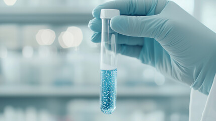 gloved hand gripping a test tube containing a frothy blue solution, representing active scientific research, with the bubbling liquid emphasizing the excitement and progress of lab