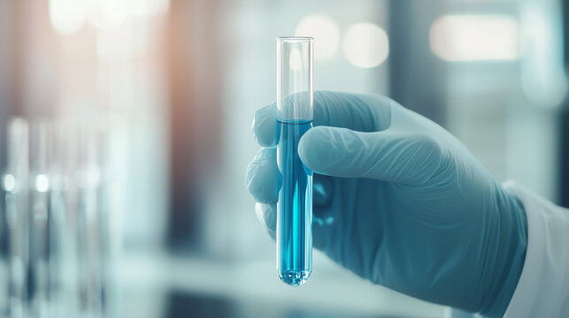 gloved hand holds a test tube filled with a bubbling blue solution, symbolizing ongoing scientific research and experimentation, with the vibrant color and reaction in the solution