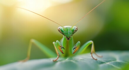 Green mantis perched on leaf in soft morning light