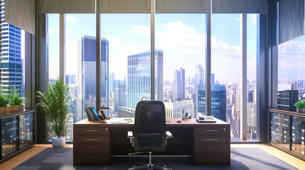 A modern workspace with ergonomic chairs at the meeting table, laptops, a corner plant, and panoramic windows overlooking adjacent skyscrapers.