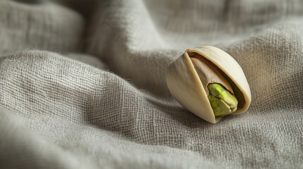 Close-up of a Single Pistachio Nut with Green Kernel Partially Shelled, Resting on a Soft Linen Fabric with Neutral Tones for a Natural and Organic Feel. Image made using Generative AI