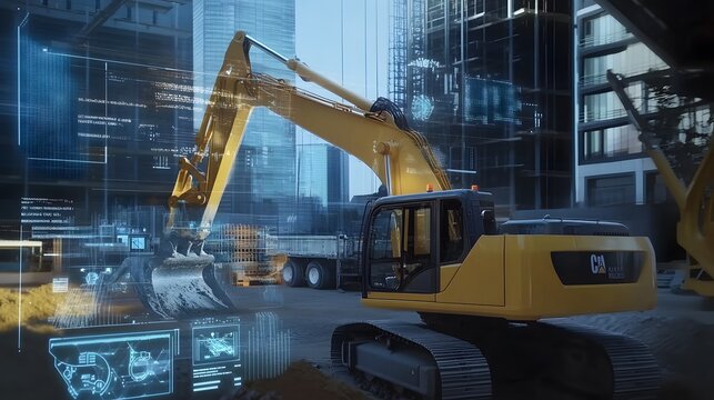Yellow excavator with digital overlay in a city setting.