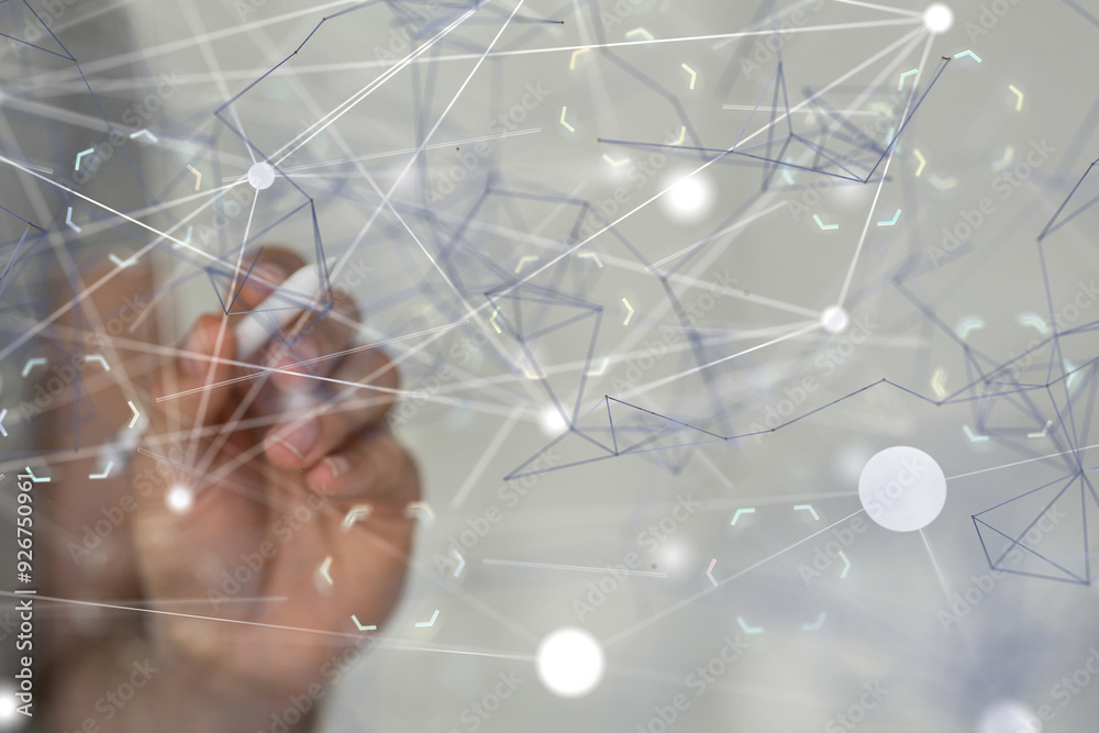 Poster Global network. Blockchain. 3D illustration. Neural networks and artificial intelligence. Abstract  - neural network exposure digital