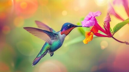 Fototapeta premium A vibrant hummingbird hovers near a pink flower, its iridescent feathers catching the sunlight.