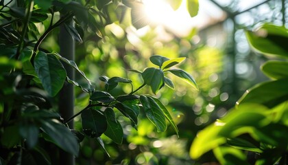 Fototapeta premium Sunlight shining through lush green leaves in a forest.