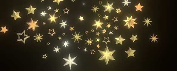 Banner with golden decoration. Festive border with falling glitter dust and stars.