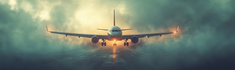 Naklejka premium Large airplane that is flying through the sky, travel concept, banner, copy space