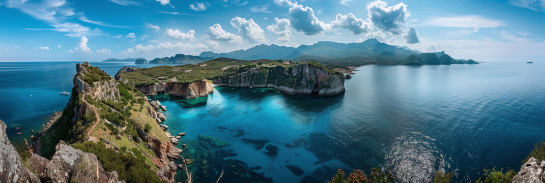 Elevated View of Basiluzzo Island&rsquo;s Cliffs and Turquoise Bay, Italy