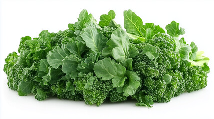 A close-up photo of fresh broccoli, showcasing its vibrant green color and detailed texture against a clean white background.