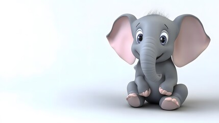 A cute cartoon elephant sitting on a white background.