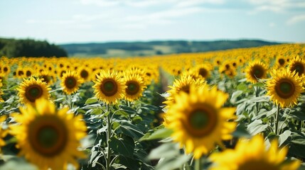 Fototapeta premium Vibrant Field of Sunflowers Against a Scenic Sky