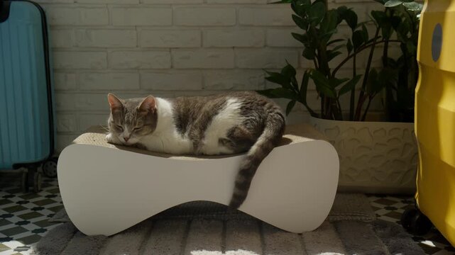 Cat Sleeping Peacefully on Modern Cat Furniture in a Sunlit Room