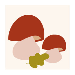 Two stylized mushrooms with a leaf on a light background