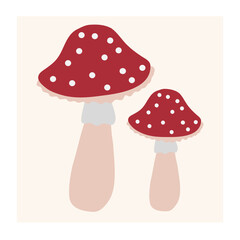 Two playful red mushrooms with white spots on a light background