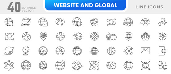 Website and global line icon collection. World Map, connections, global, business, network, navigation and globe icon set. UI outline icon pack