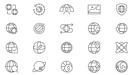 Website and global line icon collection. World Map, connections, global, business, network, navigation and globe icon set. UI outline icon pack