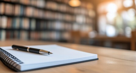 A pen resting on a blank notebook in a cozy library during the afternoon