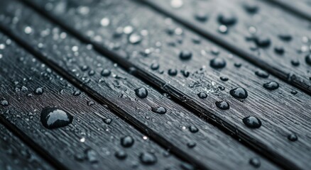 Water droplets on textured wooden surface after rain