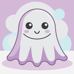 Fototapeta premium Cute smiling ghost icon with pastel colors and soft shapes, cartoon design