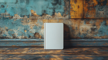 Blank white book cover standing upright against a rustic, weathered wall background. Closeup mockup for creative designs or branding presentations with vintage and textured aesthetics.