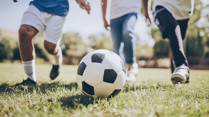 Obraz premium A soccer ball sits on the field as kids play in the background.