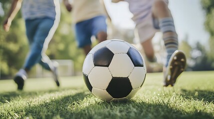 Fototapeta premium Soccer ball on the field with kids running in the background.