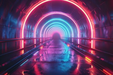 Step into the neon-lit depths of a virtual world, where a surreal 3D geometric figure emerges in brilliant colors against the inky blackness of a tunnel, illuminated by dazzling laser lines.