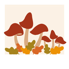 Colorful illustration of mushrooms and autumn leaves on a light background