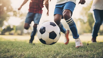 Obraz premium Soccer ball in mid-air as players run by.