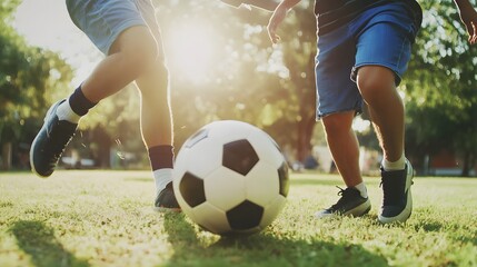 Obraz premium Two young boys play a friendly game of soccer on a sunny day.