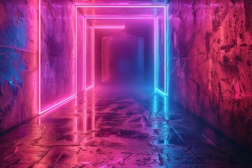 glowing pink blue neon lines, rounded geometric blank frame, isolated on black background. Ultraviolet spectrum. Cyber space. Abstract futuristic wallpaper