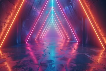 neon lights, abstract background, glowing lines, virtual reality, blue triangular arch, ultraviolet, infrared, spectrum vibrant colors, laser show