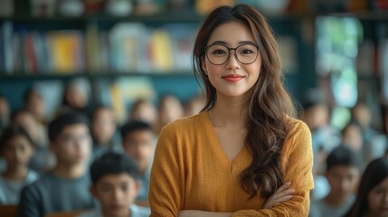 Asian female teacher standing confidently in front of students in the classroom, educational learning environment, smiling instructor.